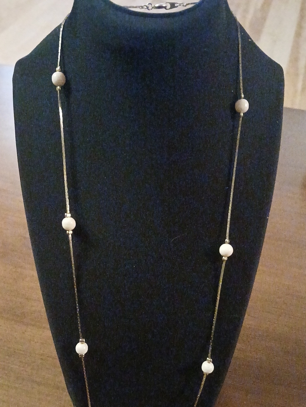 Gold Long Station 24" Necklace with Cream Beads